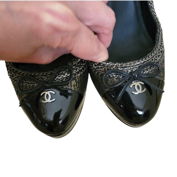 Chanel Vintage Platform Slingback Cap Toe Heels Logo CC Bow Leather 7 37.5 G2677 - Picture 4 of 14